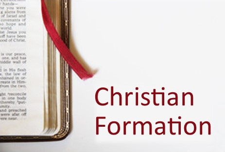 An open book with a red ribbon bookmark is next to text reading "Christian Formation" on a white background.