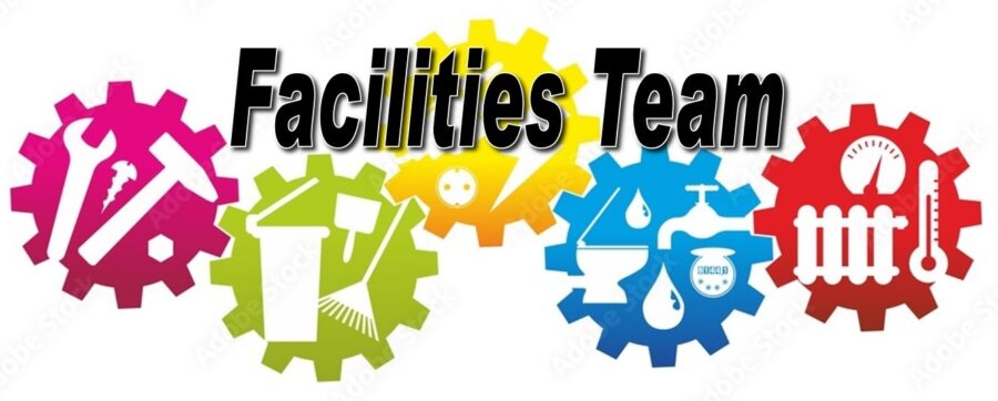 Colorful gears with facility-related icons, including tools, plumbing, and heating. Text "Facilities Team" is prominently displayed in black font above.