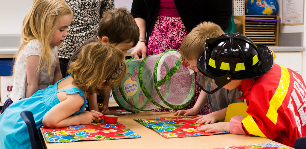 Children and a person explore butterflies in a classroom setting. One child wears a firefighter costume, engaging in a hands-on educational activity.