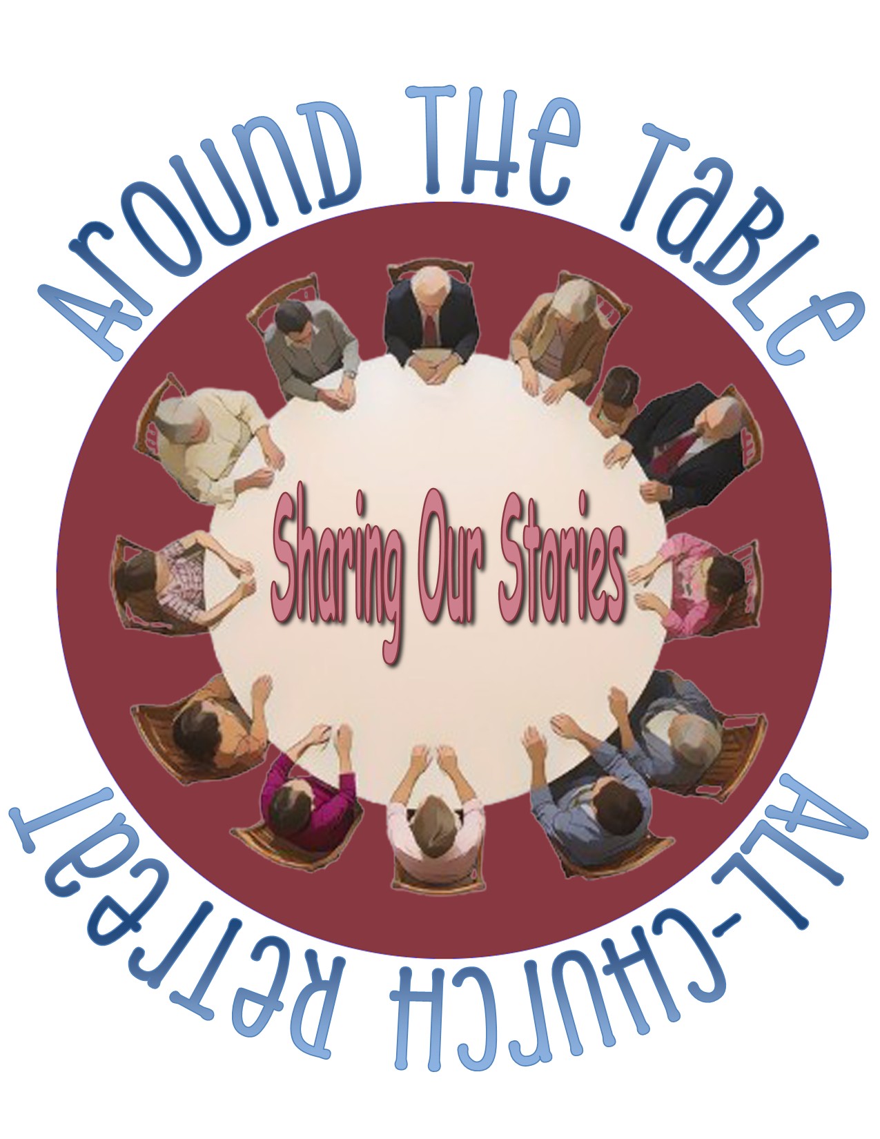 A group of people sit around a circular table. Text reads "Around the Table All-Church Retreat: Sharing Our Stories."