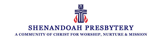 Logo of Shenandoah Presbytery with a cross and flame design, in blue and red, above the organization's name in blue text.