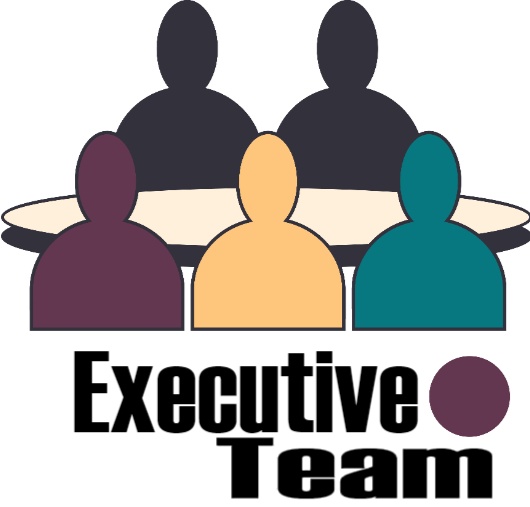 Abstract illustration of four diverse figures seated around a table, representing collaboration. Bold text below reads "Executive Team" with a circular icon.
