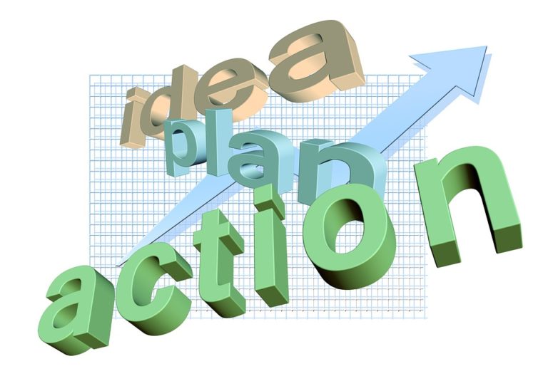 3D text reads "idea," "plan," "action" on grid background, with an upward arrow, symbolizing progression and strategic implementation.