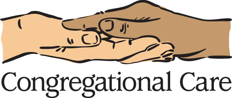 Two hands gently hold each other above the words "Congregational Care," symbolizing support and compassion within a community setting.