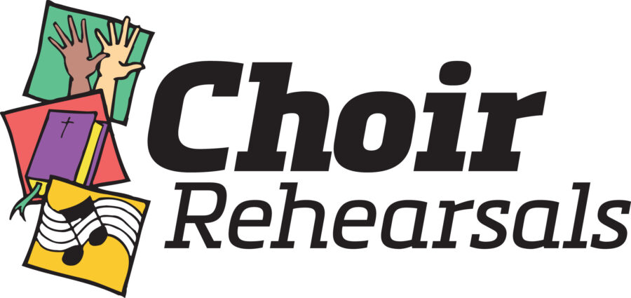 Colorful logo depicting "Choir Rehearsals" with illustrations of hands, a cross, and musical notes. Designed to promote musical practice sessions.