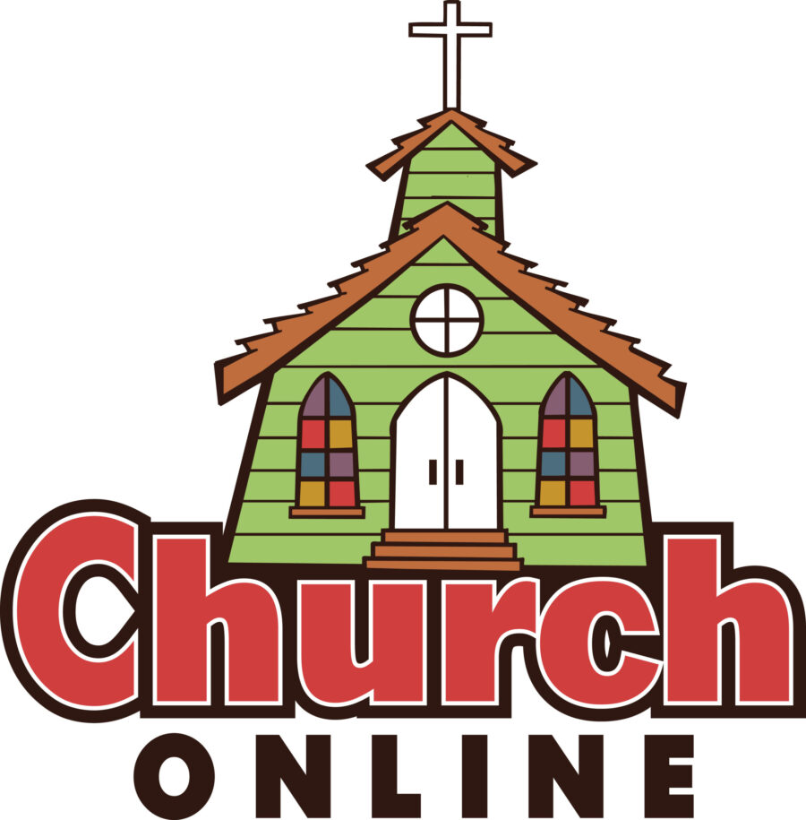 A cartoonish green church with stained glass windows and a cross, labeled "Church Online" in bold red and black text.