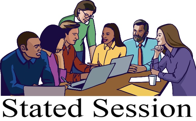 Seven people are engaged in a discussion around laptops at a table, collaborating on a project labeled "Stated Session."