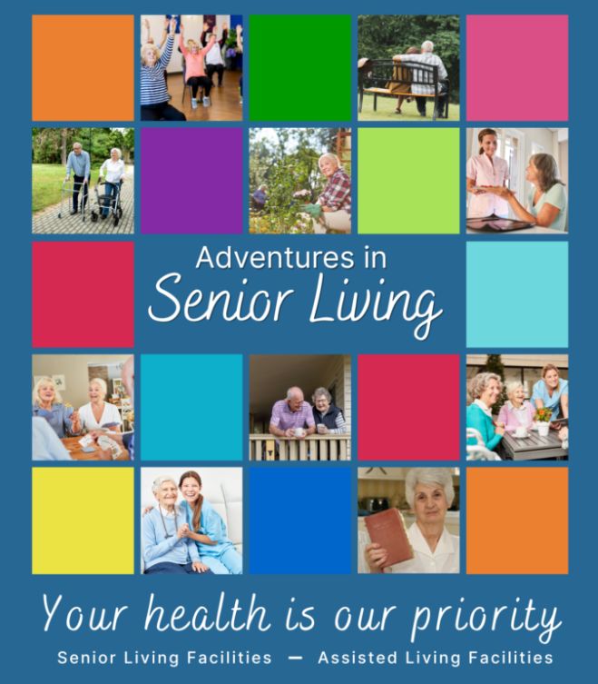 senior living cover Collage of lively senior activities, featuring people enjoying exercise, gardening, and companionship. Promotes senior and assisted living facilities emphasizing health priority.