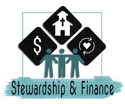 Three figures join hands under icons of a church, dollar sign, and heart with arrows, above the text "Stewardship & Finance".