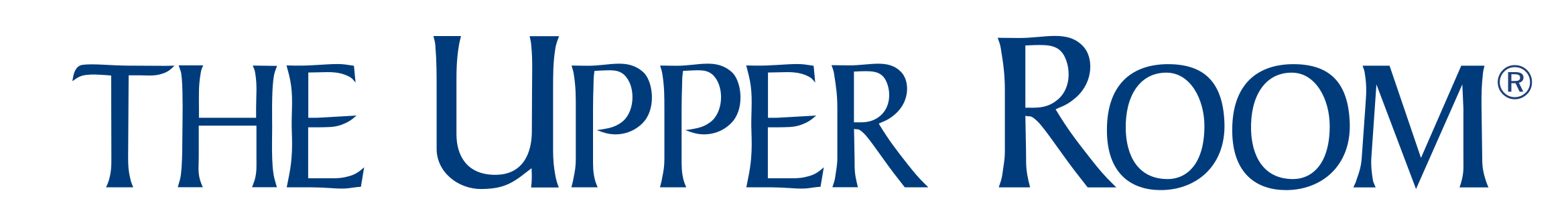 Text image with stylized blue letters spelling "THE UPPER ROOM" on a white background, featuring a registered trademark symbol.