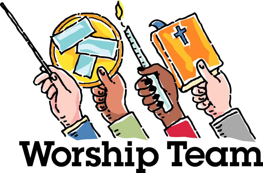 Four hands hold a baton, collection plate, candle, and book with a cross. Text reads "Worship Team" below the illustration.