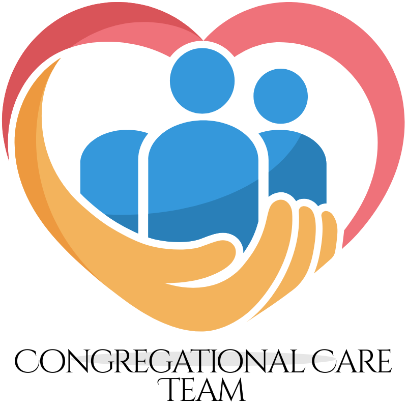 Three blue figures cradled by a hand inside a heart, symbolizing care. Below, text reads “Congregational Care Team.”