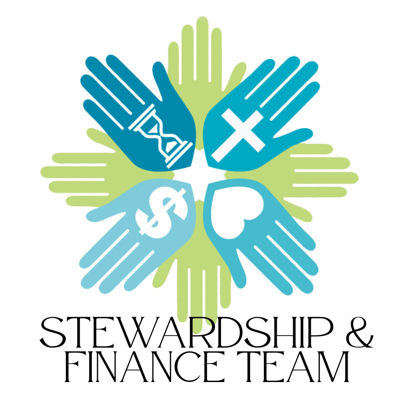 Four colorful hands with symbols: hourglass, cross, dollar sign, heart. Overlaid text: "Stewardship & Finance Team." Conveys teamwork and balance.
