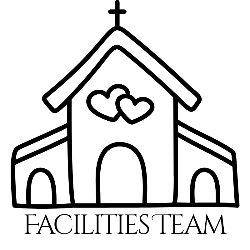 A church illustration with two hearts and a cross on the roof. Text below reads "Facilities Team." Minimalist design.