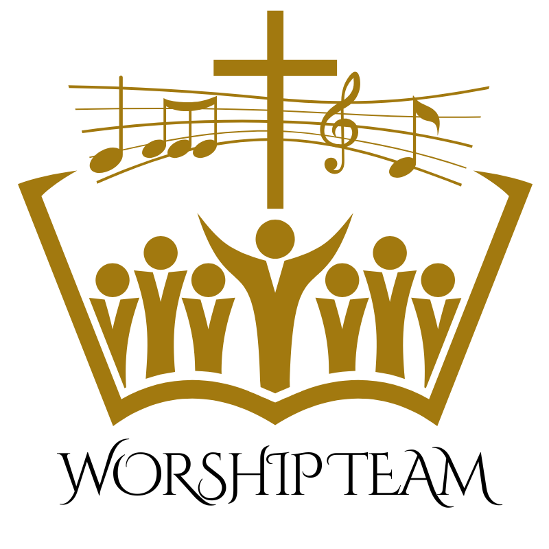 Stylized logo with musical notes, cross, and people. Symbolizes a worship team. Features a golden color palette and music-related elements.