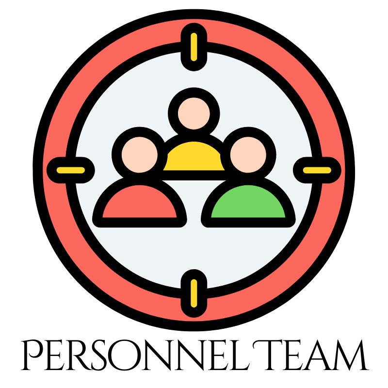Three stylized people icons in a circular target design, labeled "Personnel Team" below, with a colorful and minimalist style.