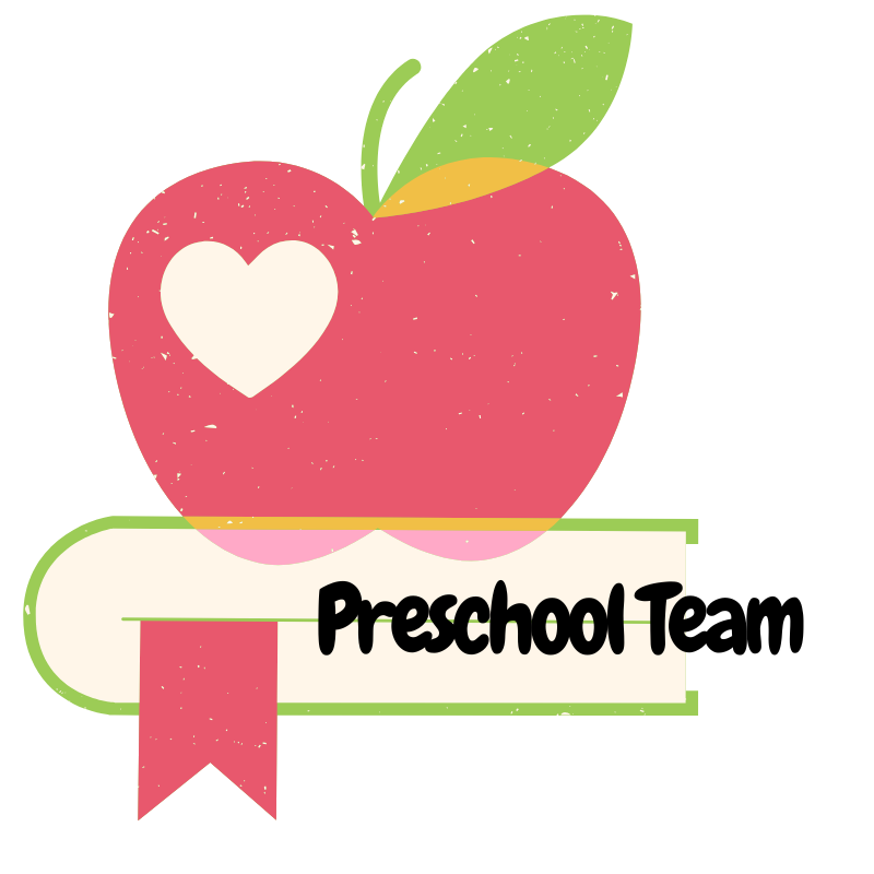 Heart-accented apple atop book labeled "Preschool Team," with green leaf and red bookmark, in a cheerful, whimsical design.