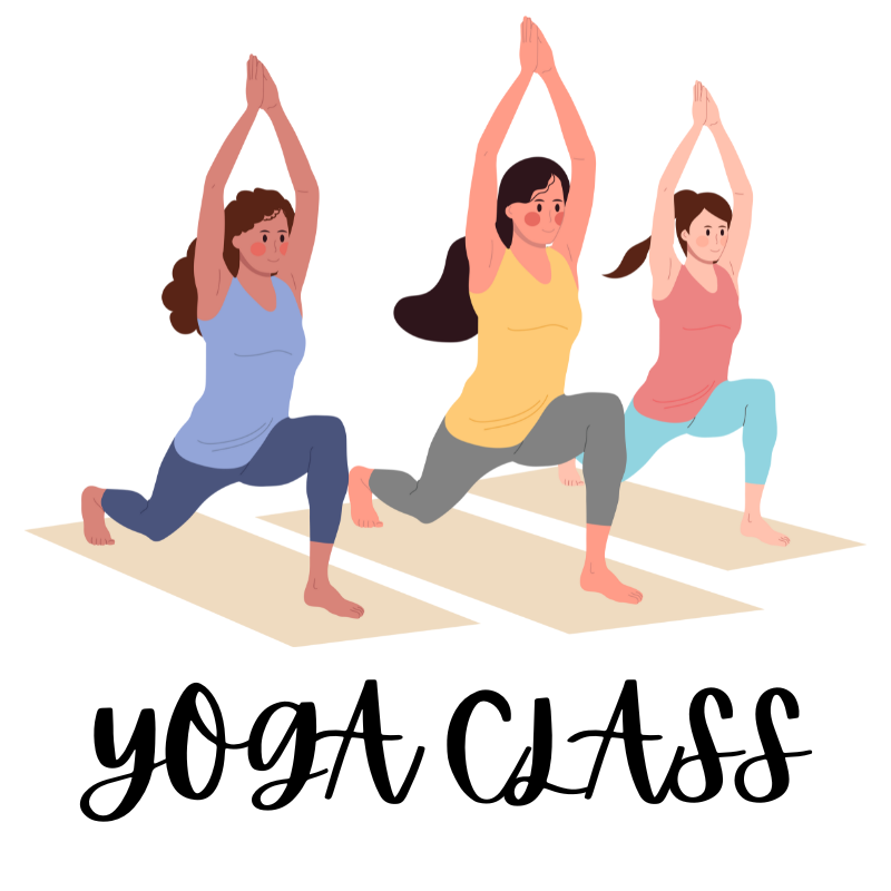 Three people practicing yoga poses on mats, arms raised, and text beneath reads "Yoga Class". Bright, inviting illustration.