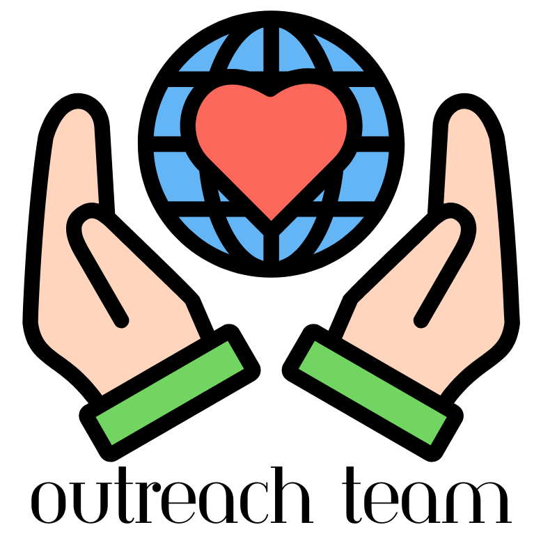 Two hands hold a globe with a heart. Below, text reads "outreach team," symbolizing global care and community support.