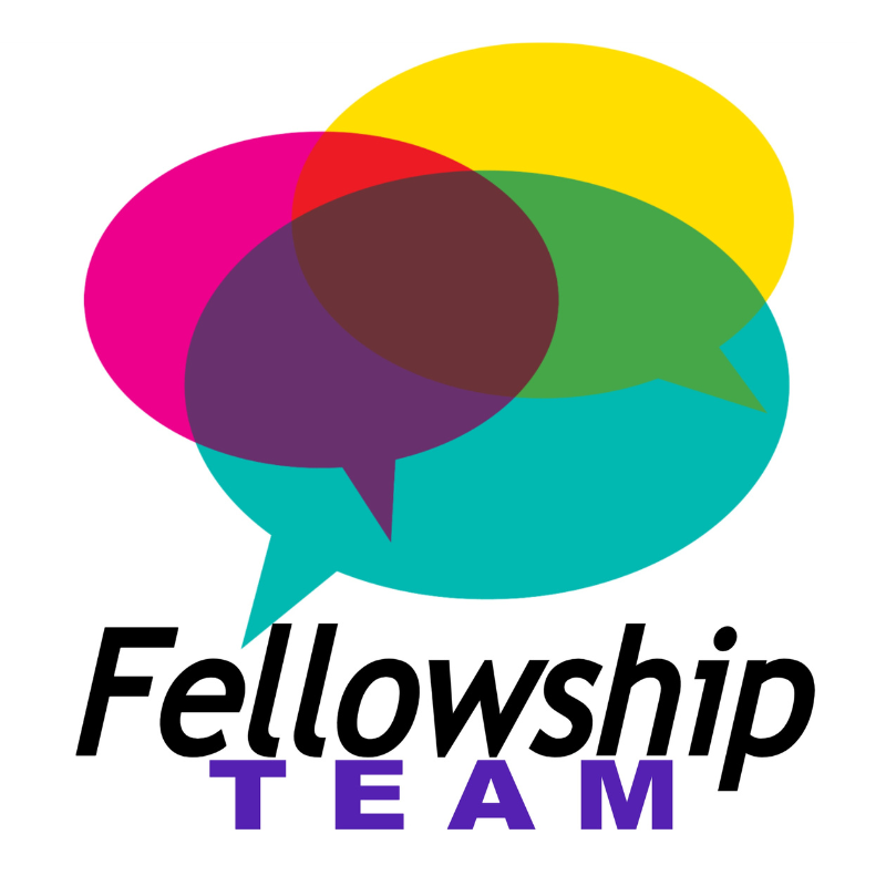 Colorful speech bubbles overlap above the words "Fellowship Team," signifying collaboration and communication in a vibrant, abstract design.