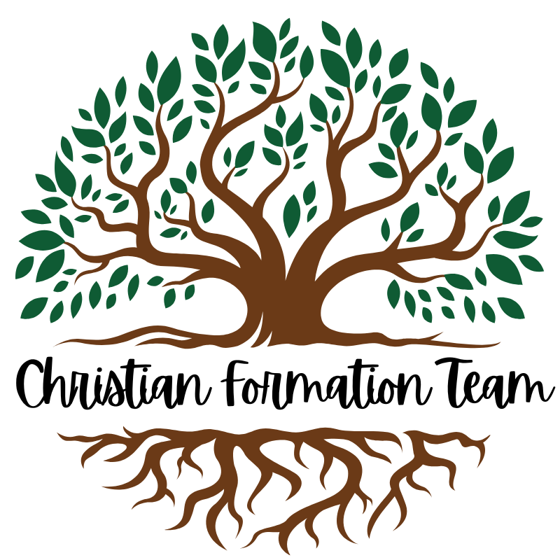 A stylized tree with roots and green leaves fills the image, captioned “Christian Formation Team” in elegant black script text below.