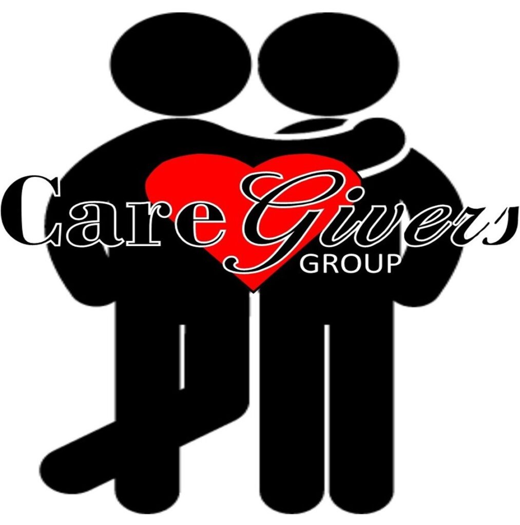 Two stylized figures embrace with a red heart between them. Overlaid text reads "Care Givers Group," symbolizing support and compassion.