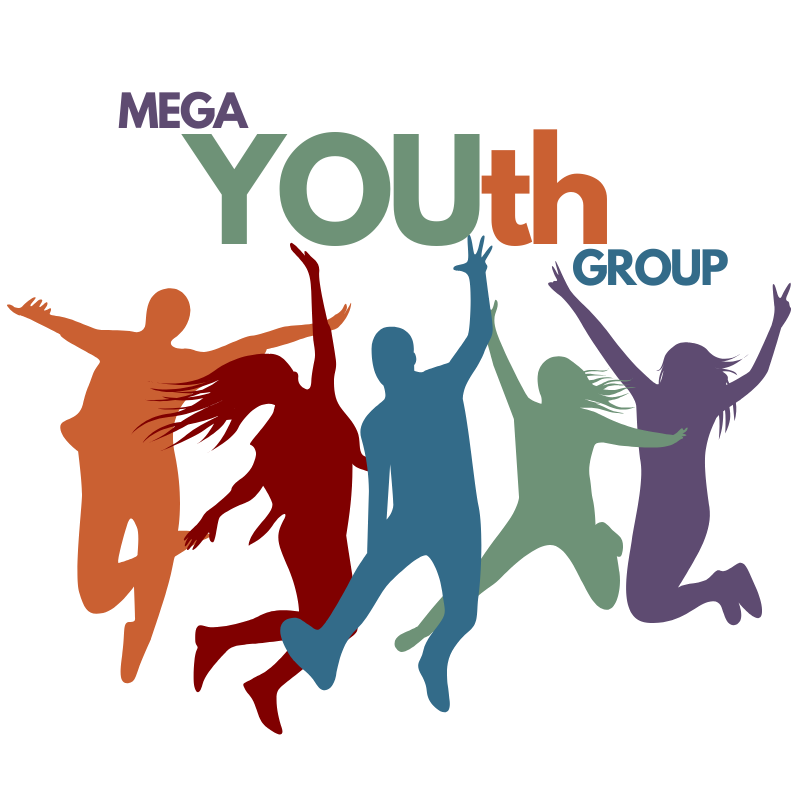 Silhouettes of joyful people jumping with "Mega Youth Group" text in colorful font, highlighting energetic and vibrant community engagement.