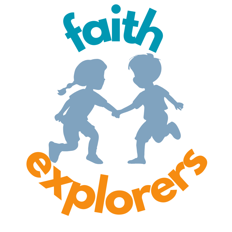 Silhouettes of two children holding hands, surrounded by the words “faith explorers” in playful blue and orange font, suggesting a joyful theme.