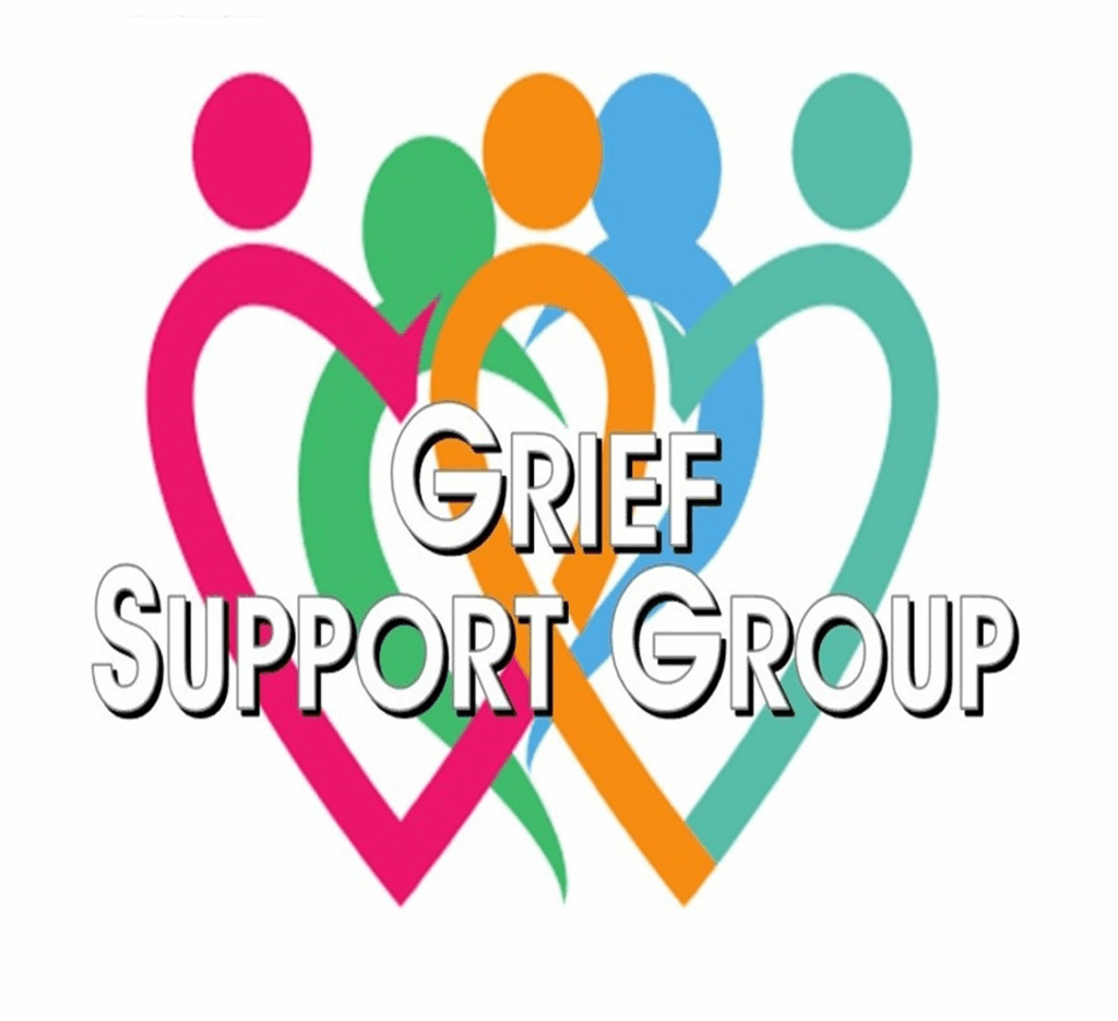 Colorful abstract figures form a heart shape, surrounding the words "Grief Support Group" on a white background.