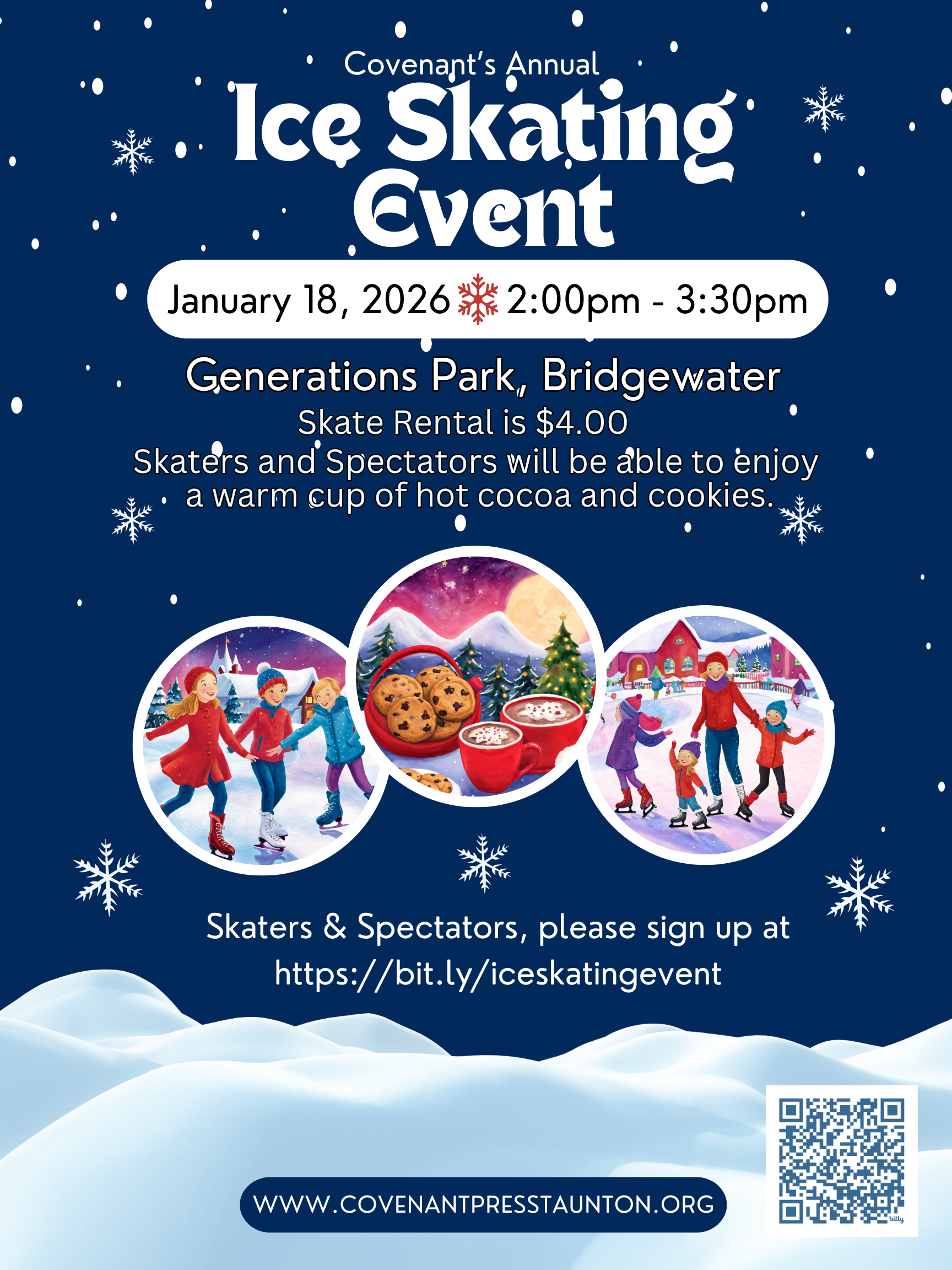 Flyer for Covenant's Annual Ice Skating Event at Generations Park, Bridgewater, featuring skating scenes, cookies, cocoa, and event details for January 18, 2026.