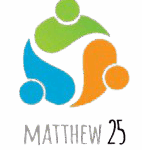 Three abstract human figures in green, blue, and orange form a circular shape above the text "Matthew 25".