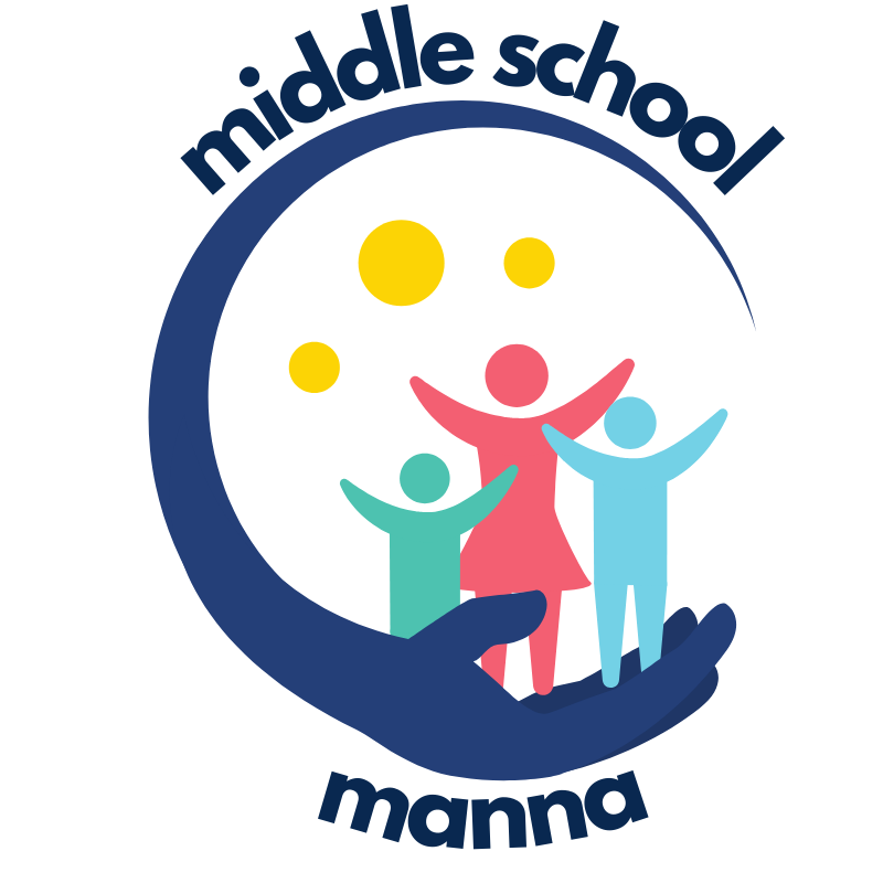 Illustrated logo featuring three figures inside a large blue hand, surrounded by yellow circles. Text reads "middle school manna" in a circular layout.