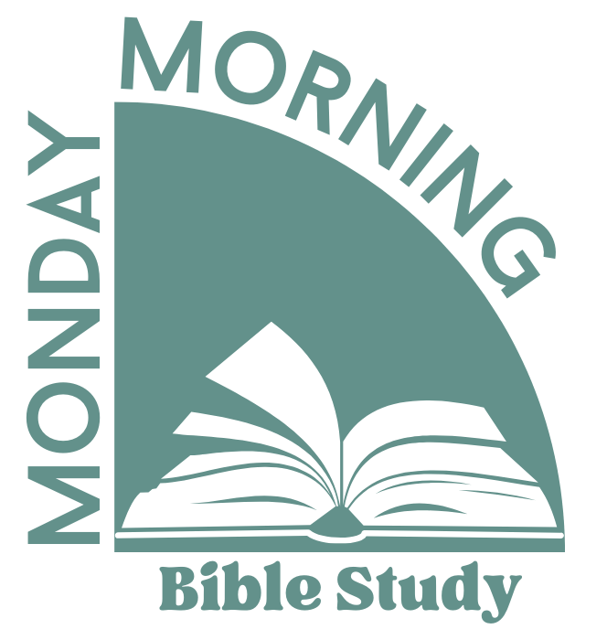 Open book illustration with the text "Monday Morning Bible Study" in a curved design. The theme suggests religious or educational gathering.