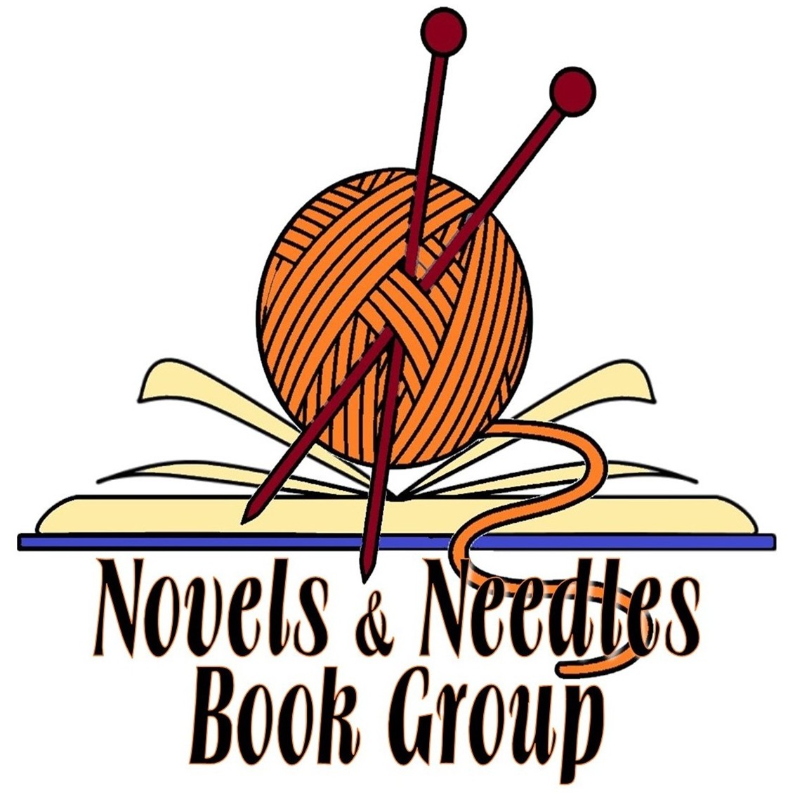 A ball of yarn and knitting needles atop a book with text "Novels & Needles Book Group" below.