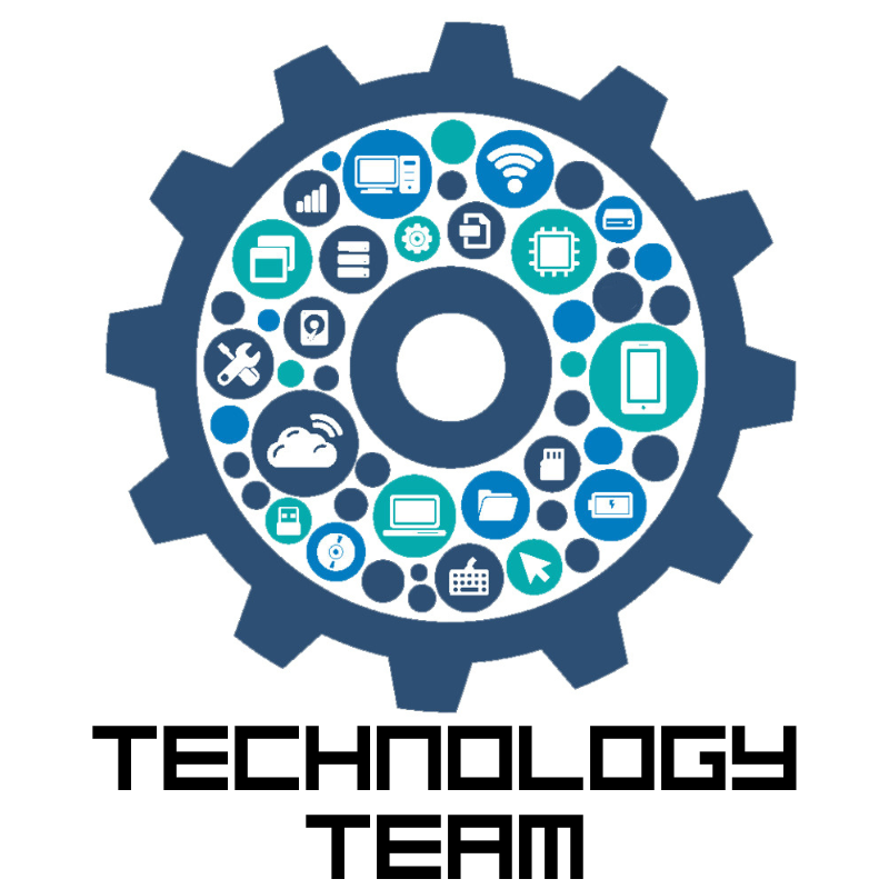 A gear filled with technology icons, including computers and Wi-Fi symbols. Text below reads "Technology Team" in a bold font.