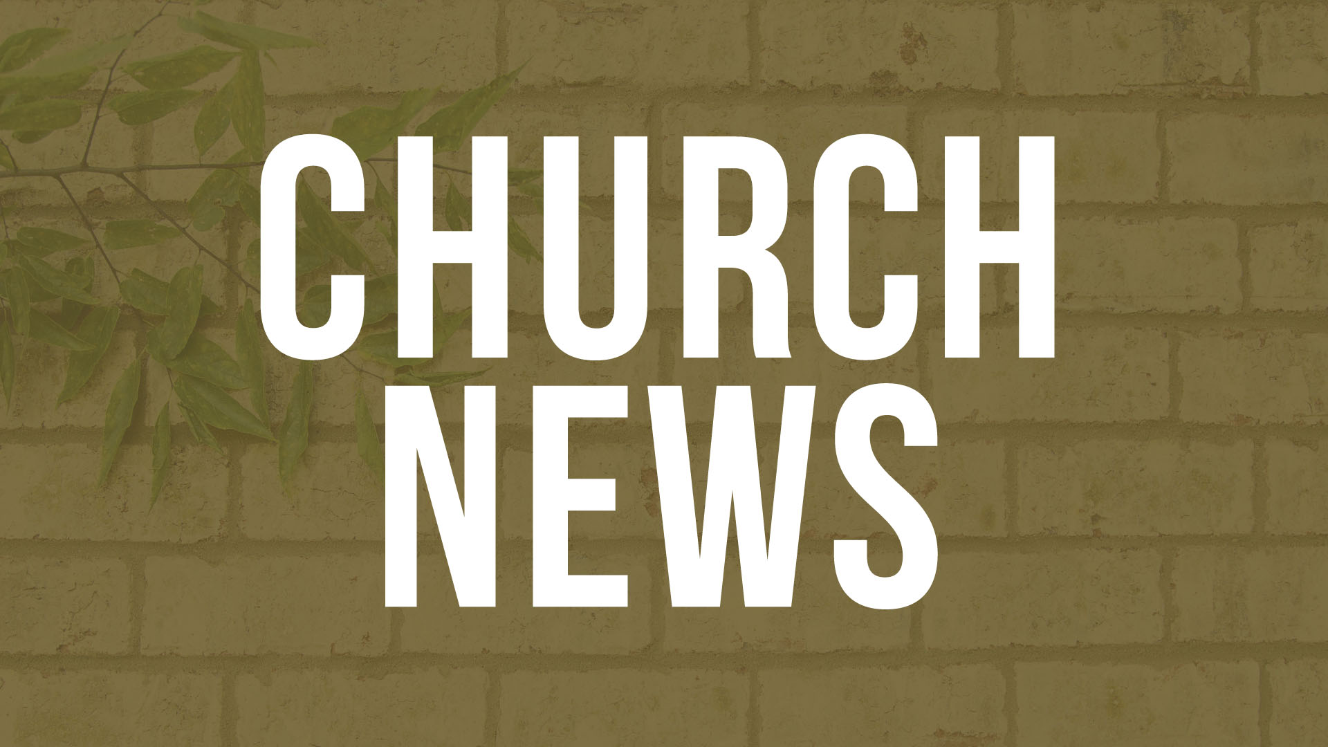 Text reading "Church News" in bold white letters on a textured, light brown brick background with a hint of green leaves.