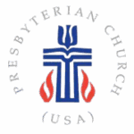 Logo of the Presbyterian Church (USA) featuring a blue cross, red flames, and gray text around it, symbolizing faith and unity.
